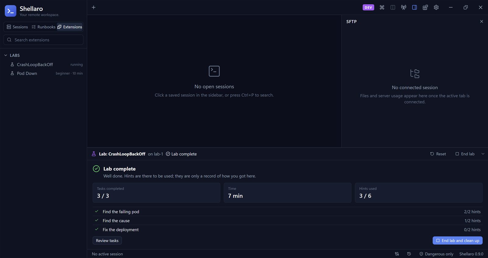 A completed lab with tasks, time and hints used